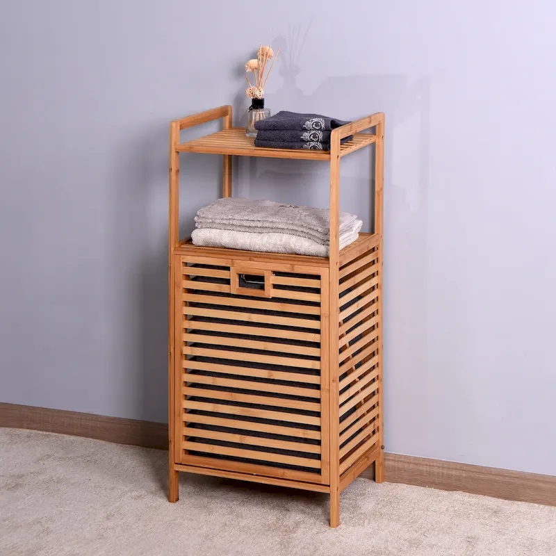 Brown Bamboo Bathroom Laundry Storage Floor Cabinet with 2-tier Shelf - 17.32 x 13 x 37.8 inch