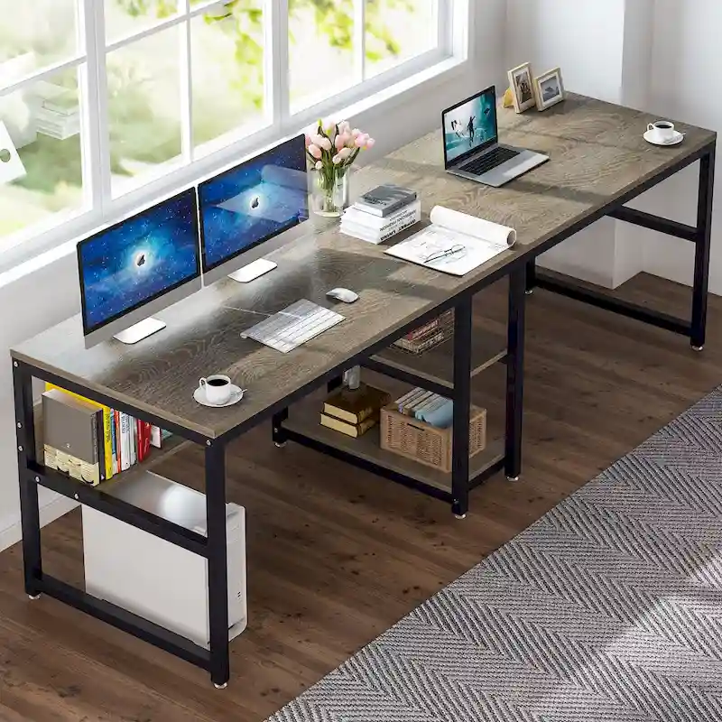 Brown / White / Black / Grey / Light Gray Industrial Double Workstation Desk with Bookshelves – 2-Person