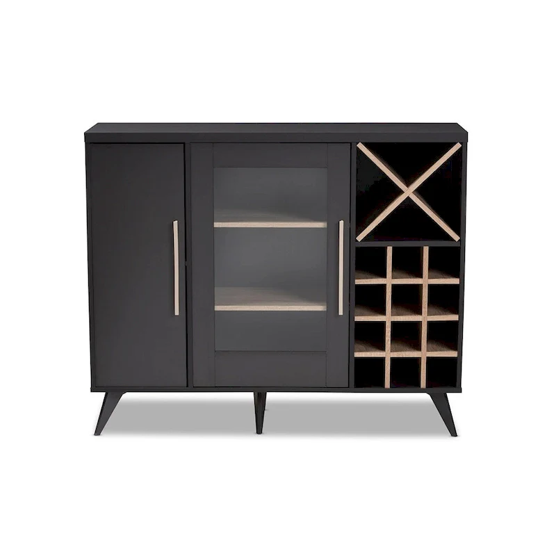 Dark Grey & Oak / White Brown Mid-Century Wine Cabinet with 24-Bottle Rack