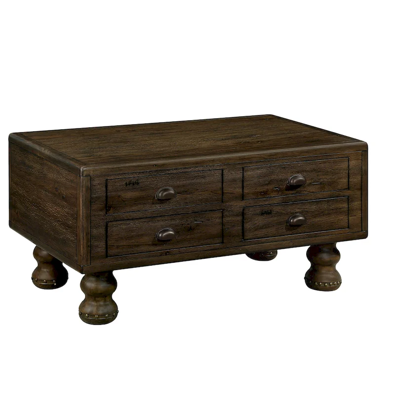 Rectangle Coffee Table, 4 Drawers, Pine Wood & MDF, Oak Veneer, Gourd Legs, 40