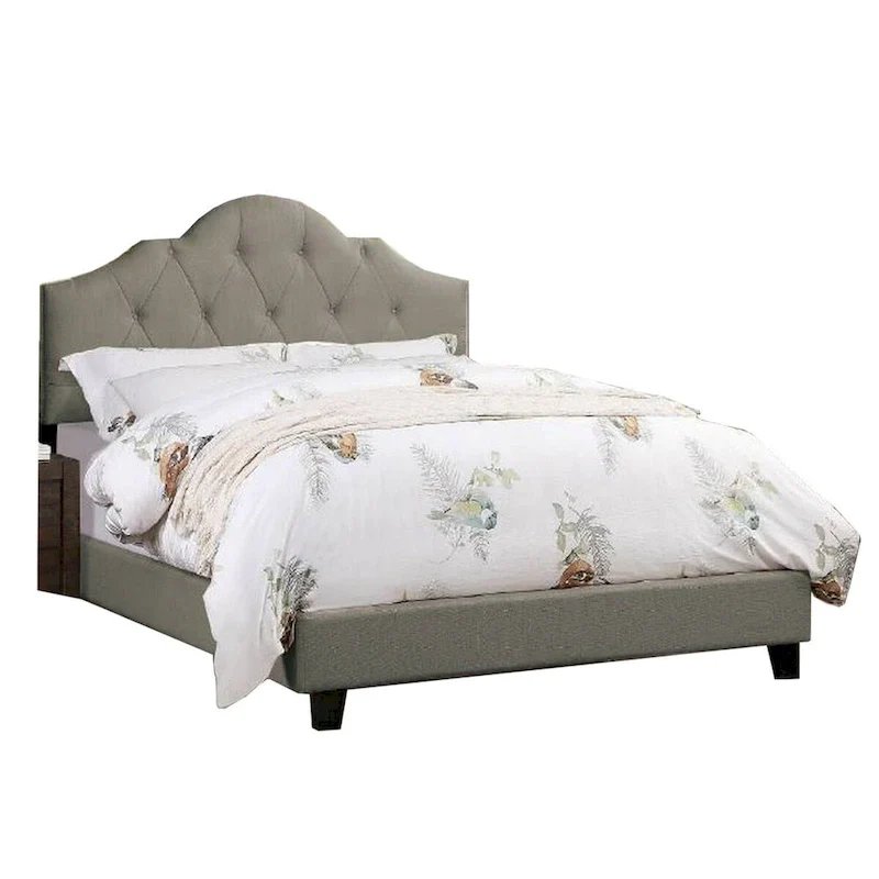 Eni Upholstered King Size Bed, Tufted Adjustable Headboard, Gray Fabric