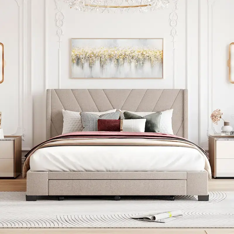 CUSchoice Queen Size Linen Upholstered Platform Bed with 3 Drawers and Storage