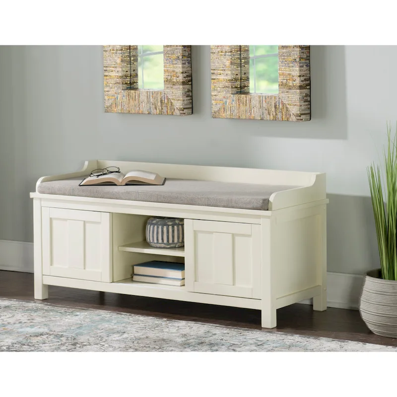 Cushioned Storage Bench with Sliding Doors, Wood & Metal, White, Standard, 45