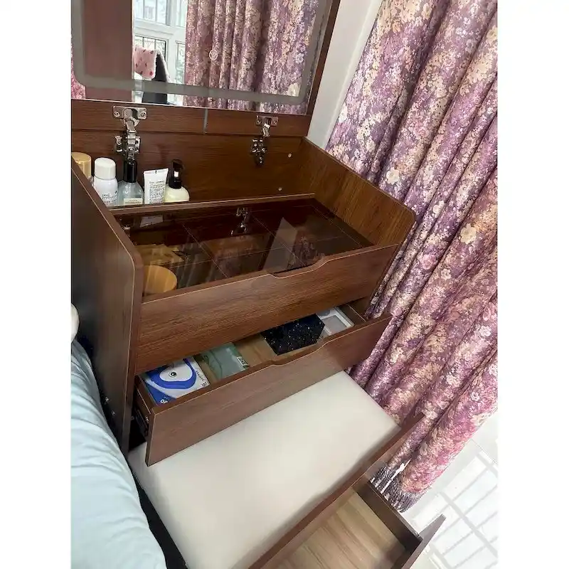 3-in-1 Small Makeup Table Set with Glass Top 3 Drawers, Stool
