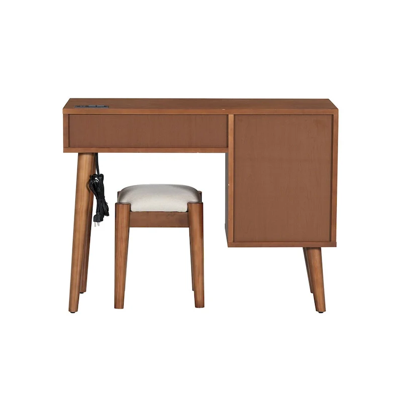 39Makeup Vanity Set with Charging Plug&USB Port and Stool,Dressing Table with 3 Storage Drawers,1 Rectangular Rattan Drawer