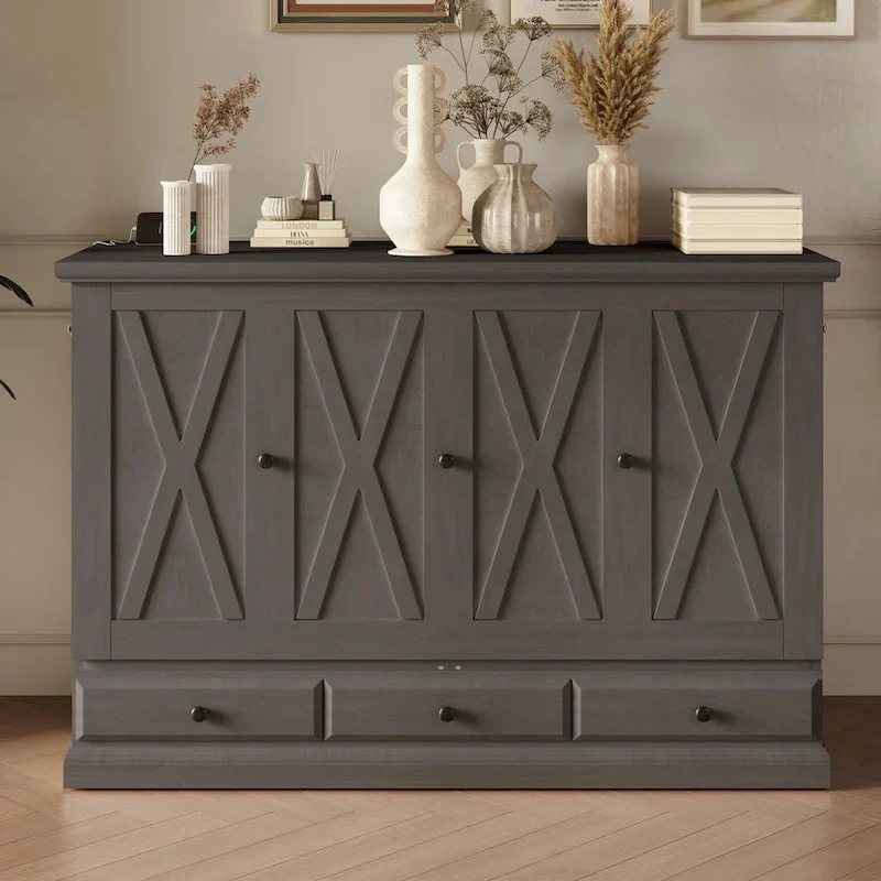 Solid Pine Murphy Bed Chest Cube Cabinet Bed with Drawer