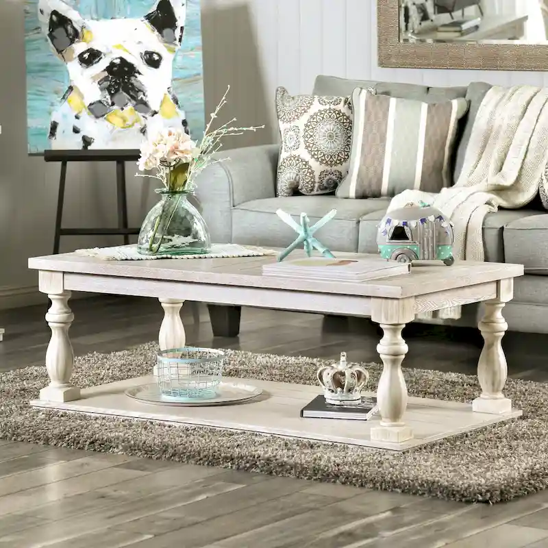 Wood Coffee Table with Lower Shelf, Antique White, Rustic Traditional, 52