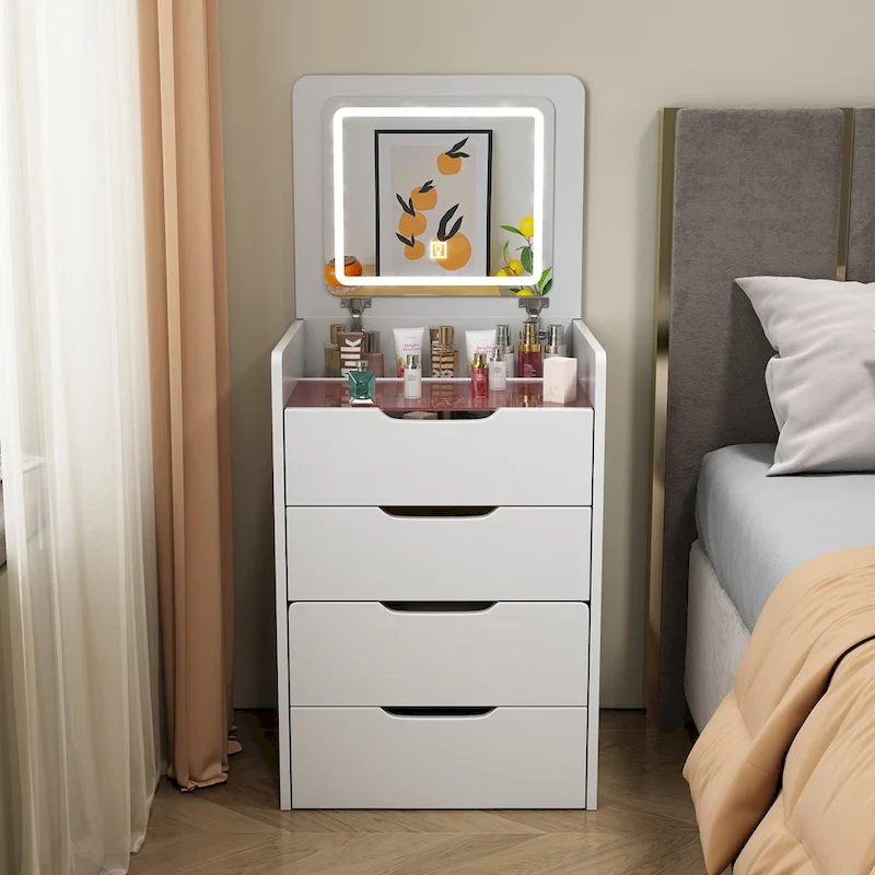 3-in-1 Small Makeup Table Set with Glass Top 3 Drawers, Stool