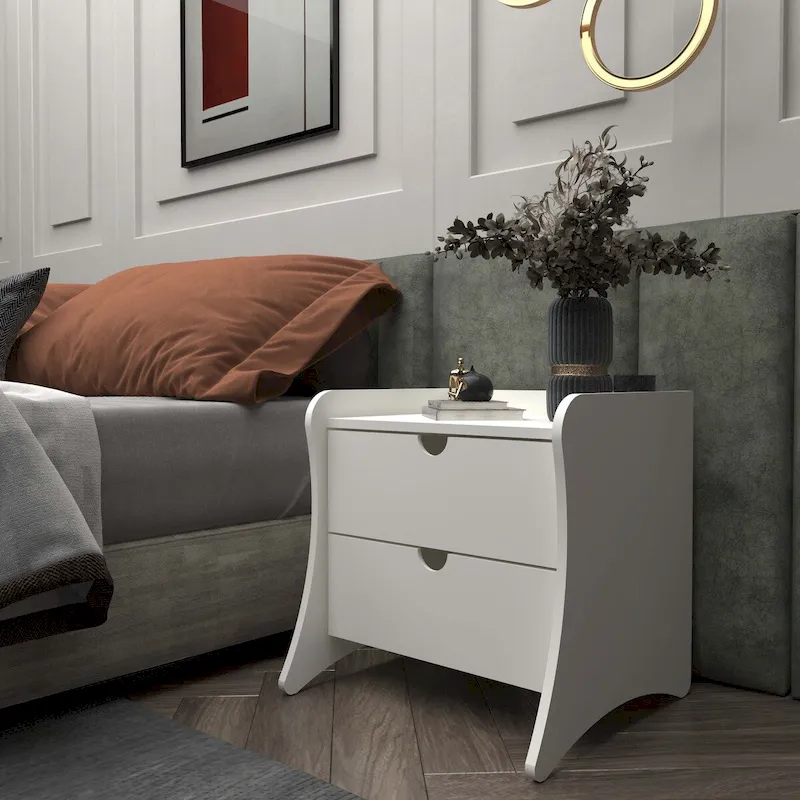 Mid-Century Modern 2-Drawer Nightstand, MDF, Curved Legs, 19.68