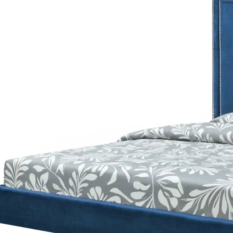 Navy Blue Solid Wood King Upholstered Velvet Bed with Nailhead Trim