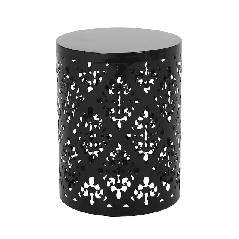 Kemo Outdoor End Table Set of 2, Round Top, Cutout Design, Black Iron