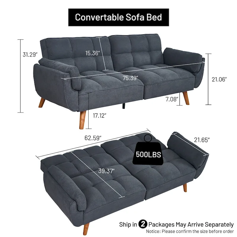 Convertible Futon Sofa Bed, Tufted Linen, Wood Legs, 3-Position Backrest, 500 lbs, Seats 2, Beige/Grey/Green/Yellow