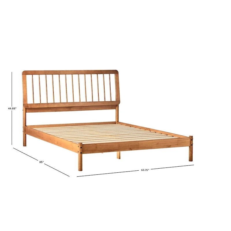 Queen Solid Wood Spindle Bed Frame with Pine Legs – Caramel / Natural Pine / Black, for 1–2 People