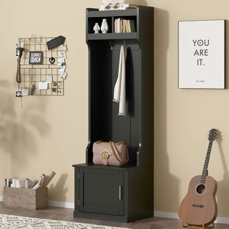 Minimalist Slim Hall Tree with Cabinet & 6 Hanging Hooks