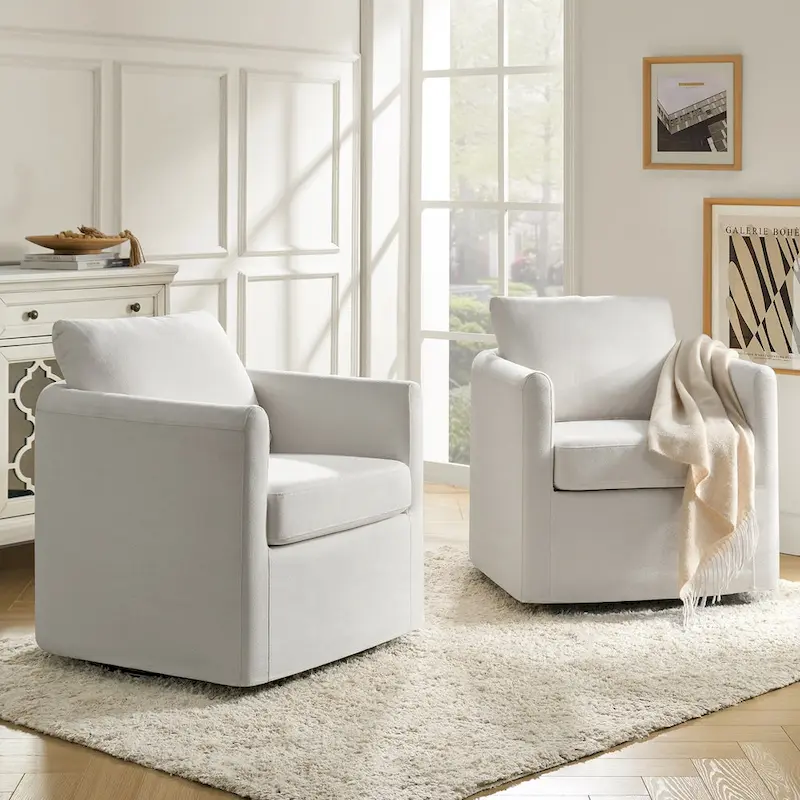 360° Swivel Barrel Chair Set of 2, Removable Slipcover, Linen-Like, 28.5