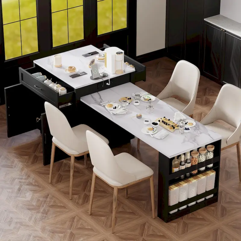 Faux Marble Kitchen Island with Extendable Dining Table, Power Outlet, Kitchen island with Storage 2 Drawers 2 Side Open Shelves