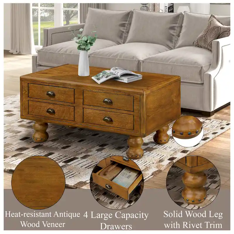 Rectangle Coffee Table, 4 Drawers, Pine Wood & MDF, Oak Veneer, Gourd Legs, 40