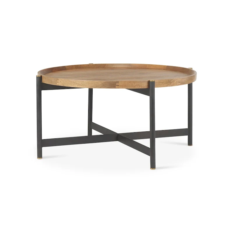 Marquisa Medium Brown Solid Wood w/ Black Iron Frame 34 Round Coffee Table - 34L x 34W x 16.5H