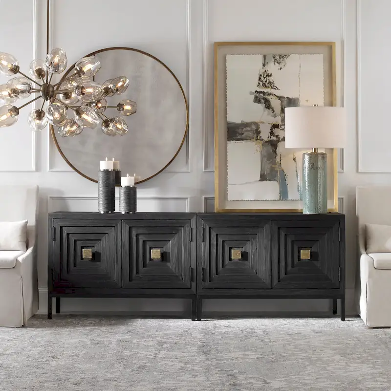 Black 2-Door Accent Cabinet with Brushed Brass Hardware – Single Shelf