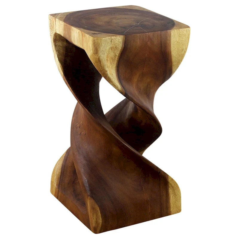 Double Twist Stool/Side Table, Carved Monkey Pod Wood, Natural Oak Oil Finish, 12