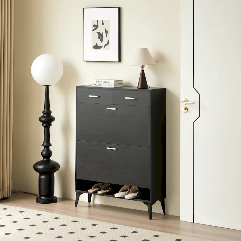 Large size Shoe Cabinet,Free Standing Tipping Bucket Shoe Rack Organizer with 2 Flip Drawers&2 Drawer