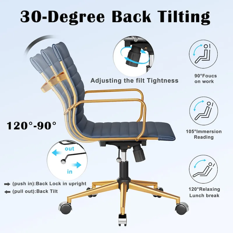 Ribbed Leatherite Office Chair with Chrome Frame, L-Shaped Arms and Swivel Base – Grey / White / Terracotta / Green / Brown / Black / Navy Blue / Gold & Navy Blue / Gold & Black / Gold & White, for 1 Person