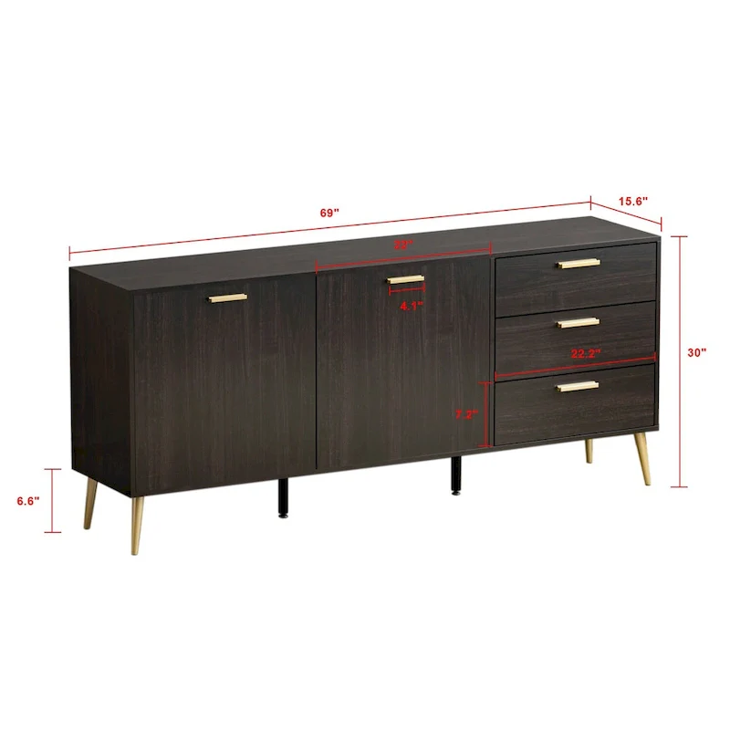 3 Drawer 69 W Chest&Dresser With Metal Handles&Legs