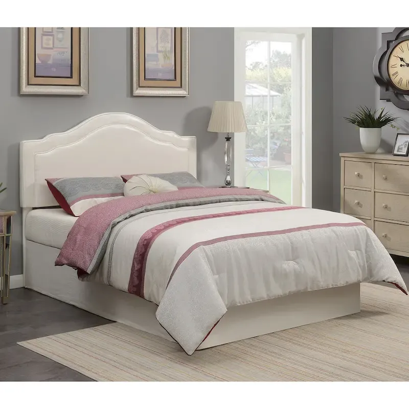 Queen Camelback Upholstered Headboard in Faux Leather with Adjustable Height Posts – Cream, for 1–2 People