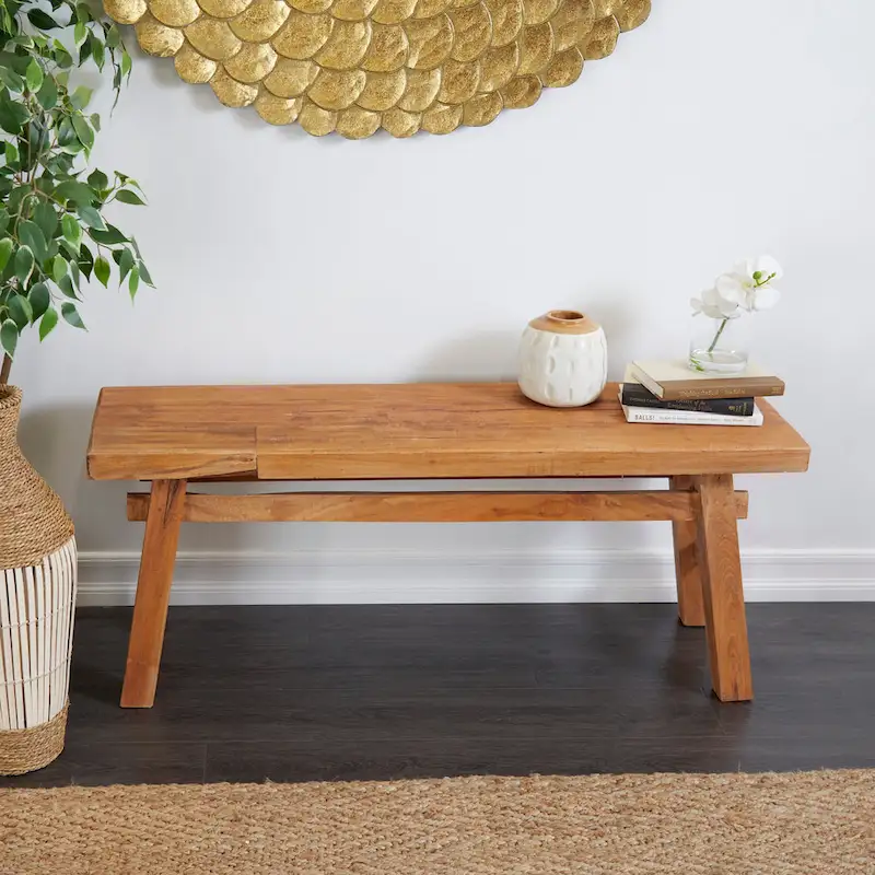 Brown Distressed Wood Trestle Bench, 2-Person, Indoor