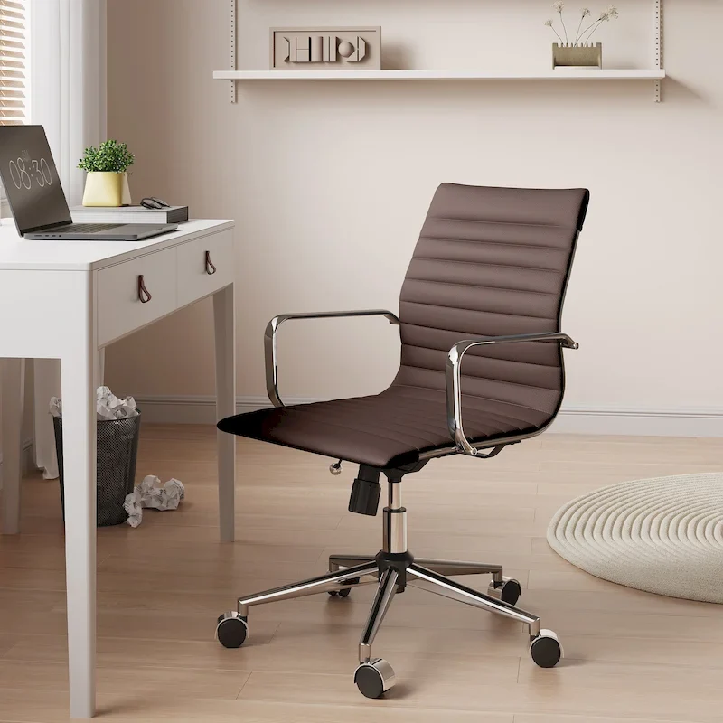 Ribbed Leatherite Office Chair with Chrome Frame, L-Shaped Arms and Swivel Base – Grey / White / Terracotta / Green / Brown / Black / Navy Blue / Gold & Navy Blue / Gold & Black / Gold & White, for 1 Person