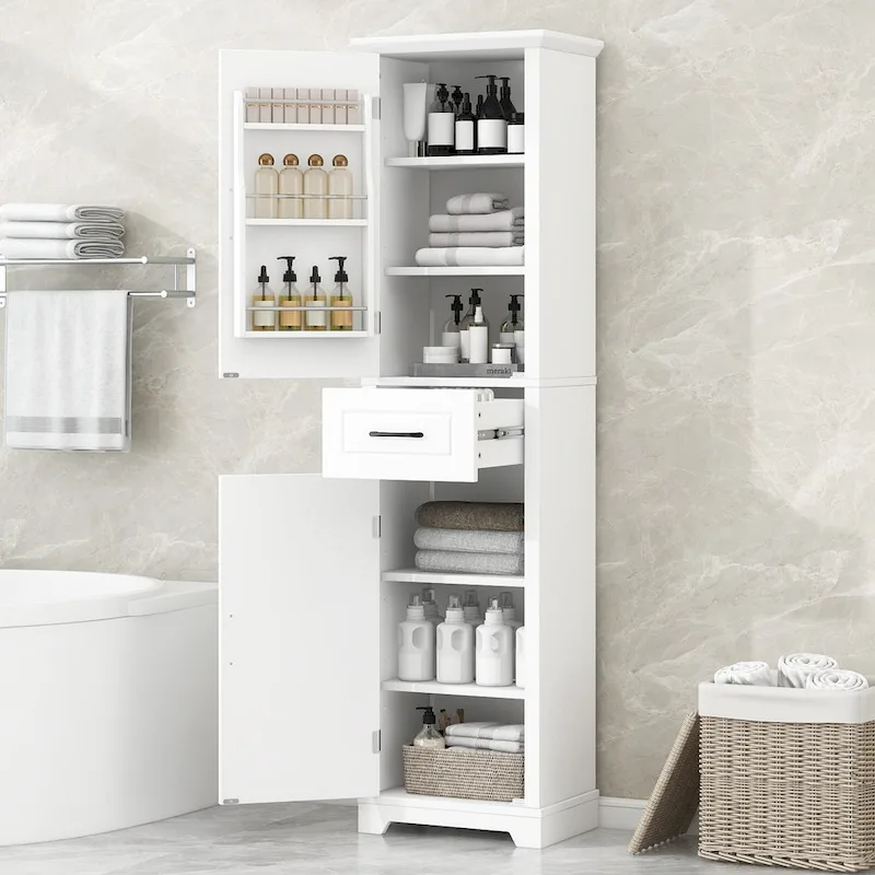 White Freestanding Bathroom Storage Cabinet with 2 Doors & Adjustable Shelves, Single