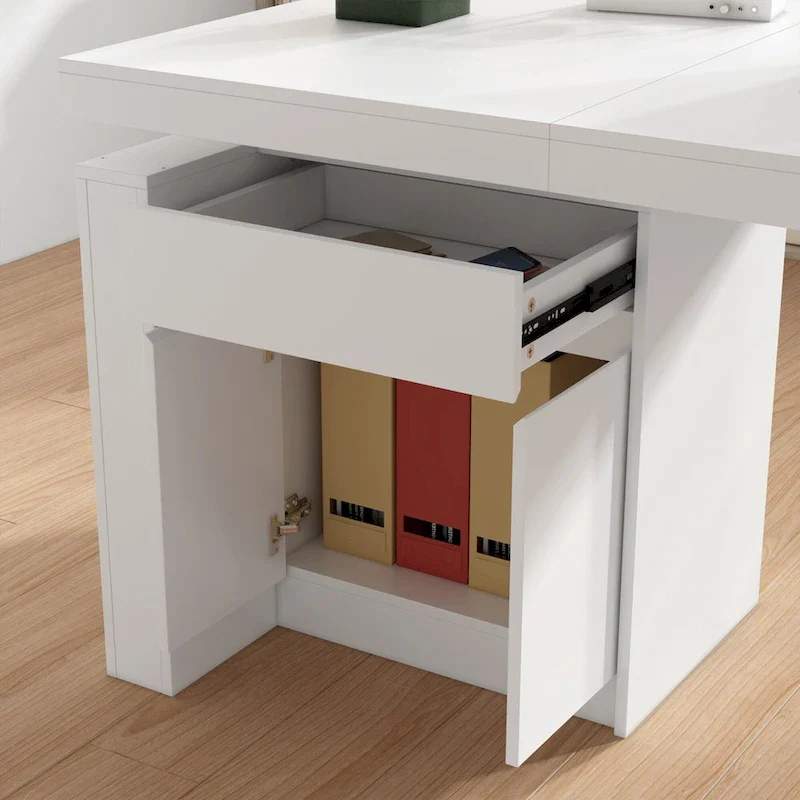 White Electric Height-Adjustable Desk with Side Storage Cabinet – Single User