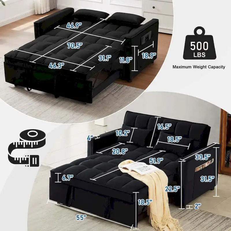Convertible Sleeper Loveseat, 3-Position Backrest, Velvet, Foam, Side Pockets, USB, Seats 2/Twin Bed, Blue/Black/Grey