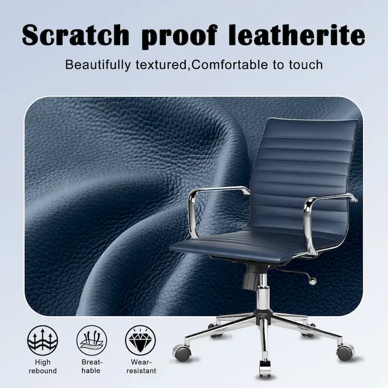 Ribbed Leatherite Office Chair with Chrome Frame, L-Shaped Arms and Swivel Base – Grey / White / Terracotta / Green / Brown / Black / Navy Blue / Gold & Navy Blue / Gold & Black / Gold & White, for 1 Person