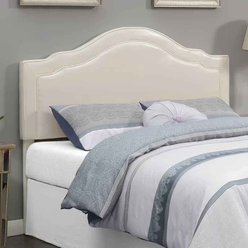 Queen Camelback Upholstered Headboard in Faux Leather with Adjustable Height Posts – Cream, for 1–2 People