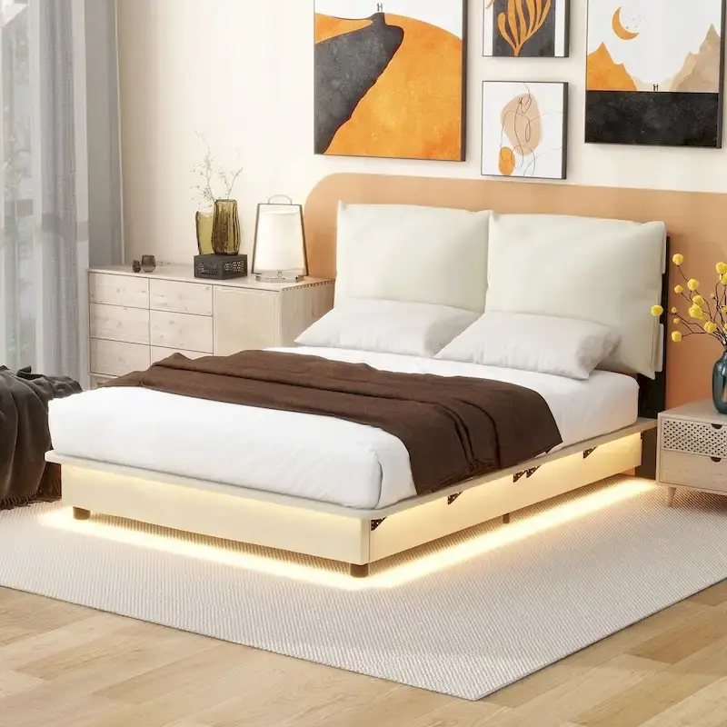 Full / Queen Upholstered Platform Bed with Motion Sensor Light and Ergonomic Headboard – Black / White, for 1–2 People