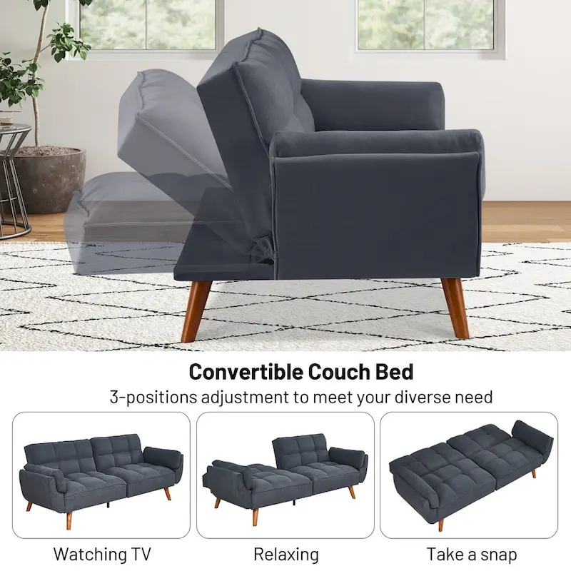 Convertible Futon Sofa Bed, Tufted Linen, Wood Legs, 3-Position Backrest, 500 lbs, Seats 2, Beige/Grey/Green/Yellow