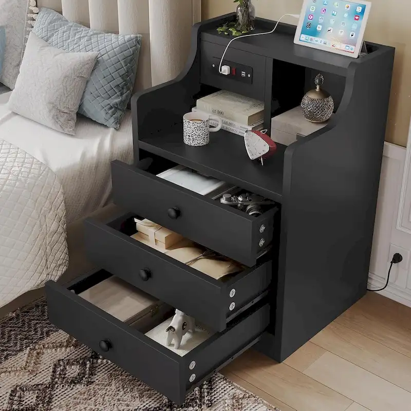 3-Drawer Nightstand with Built-in Charging Station and Open Shelf – White / Pink / Grey / Black, for 1 Person