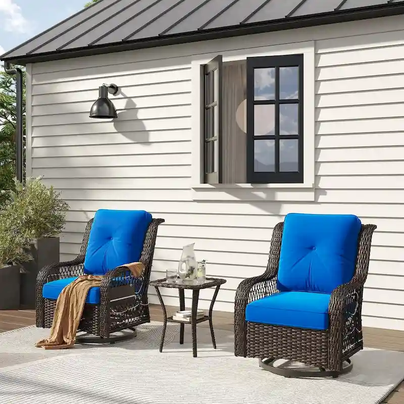 3-Piece LED Lighting Swivel Wicker Rattan Outdoor Rocking Chairs Set with Cushions and Side Table
