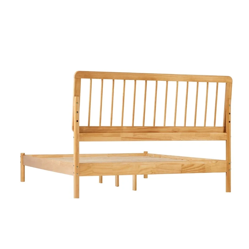 Queen Solid Wood Spindle Bed Frame with Pine Legs – Caramel / Natural Pine / Black, for 1–2 People