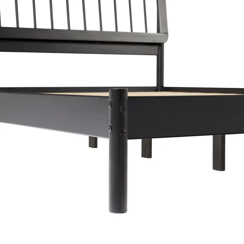 Queen Solid Wood Spindle Bed Frame with Pine Legs – Caramel / Natural Pine / Black, for 1–2 People