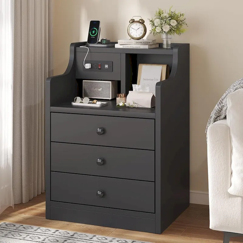 3-Drawer Nightstand with Built-in Charging Station and Open Shelf – White / Pink / Grey / Black, for 1 Person