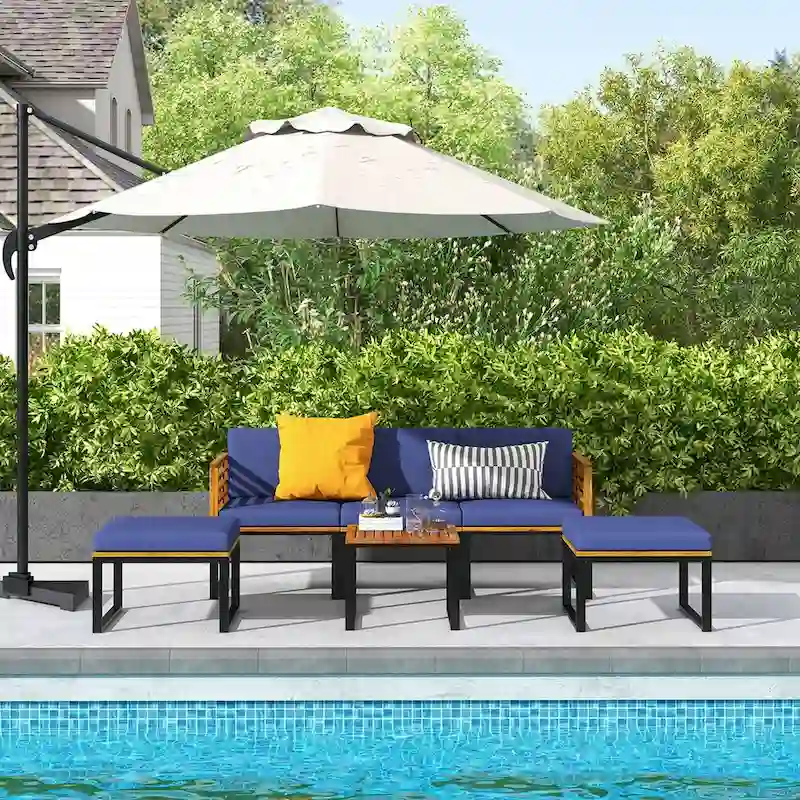 Costway 6pcs Patio Acacia Wood Conversation Sofa Seat Set Ottomans - See Details