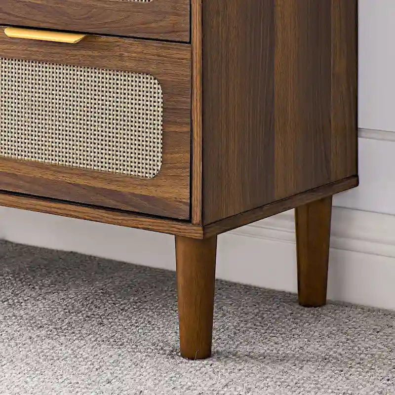 Farmhouse Wooden Storage Chest,Modern Rattan Dresser Cabinet with 3 Wide Drawers and Metal Handles