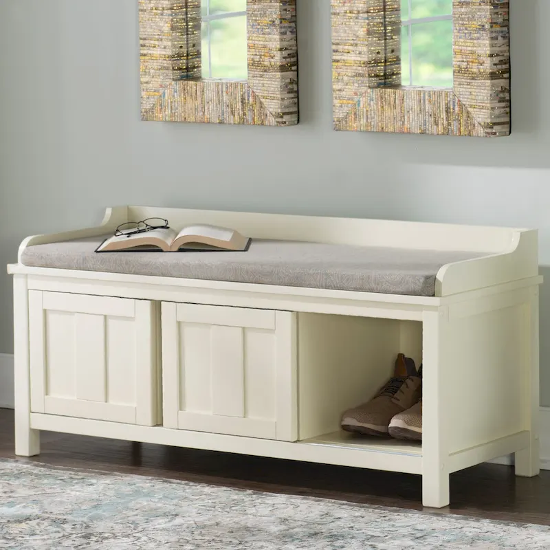 Cushioned Storage Bench with Sliding Doors, Wood & Metal, White, Standard, 45