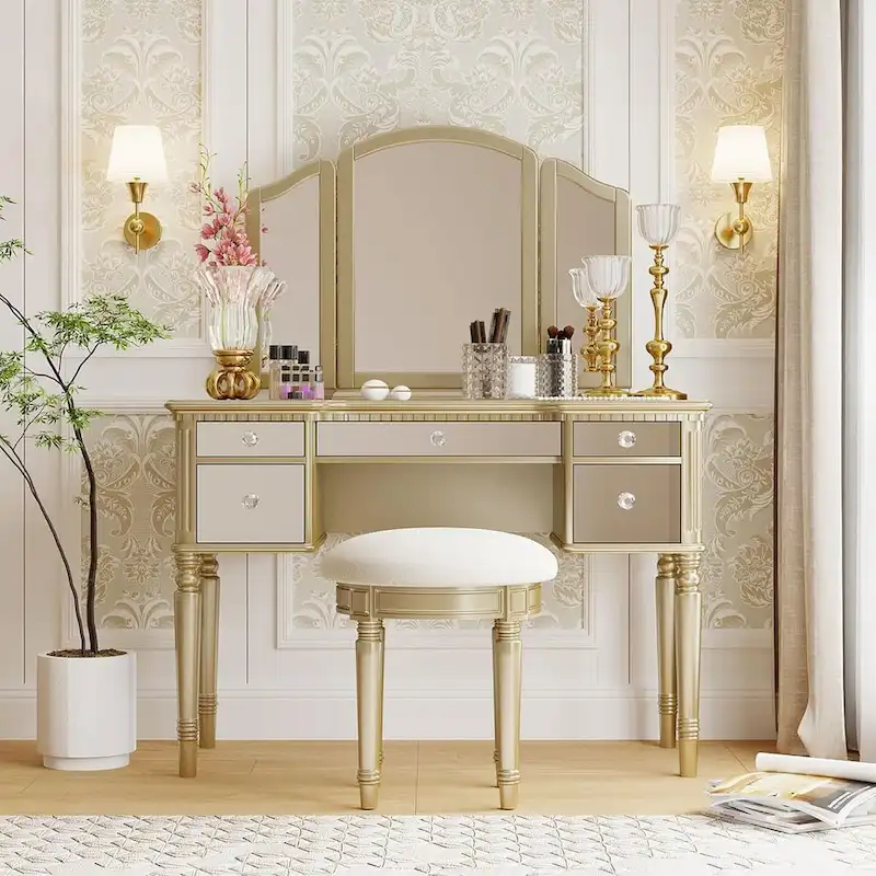 Roomfitters Makeup Vanity Table, 5 Drawers, Foldable Mirror, Stool Included