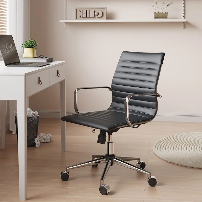 Ribbed Leatherite Office Chair with Chrome Frame, L-Shaped Arms and Swivel Base – Grey / White / Terracotta / Green / Brown / Black / Navy Blue / Gold & Navy Blue / Gold & Black / Gold & White, for 1 Person