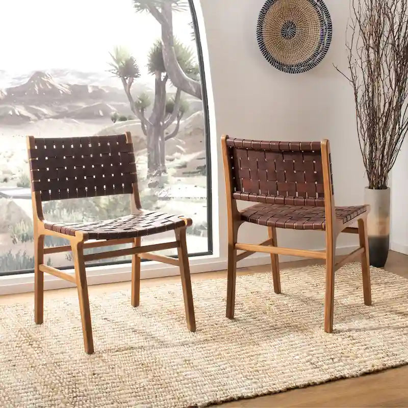 SAFAVIEH Hildred Woven Leather Dining Chair - Cognac / Natural - 20Wx22Dx33H