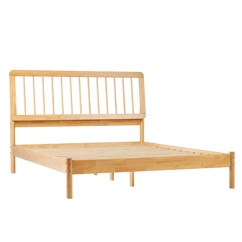 Queen Solid Wood Spindle Bed Frame with Pine Legs – Caramel / Natural Pine / Black, for 1–2 People