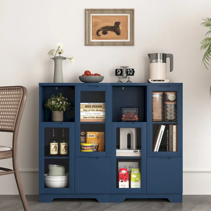 White / Blue / Black / Green Floor Cabinet with 2 Glass Doors & Adjustable Shelves